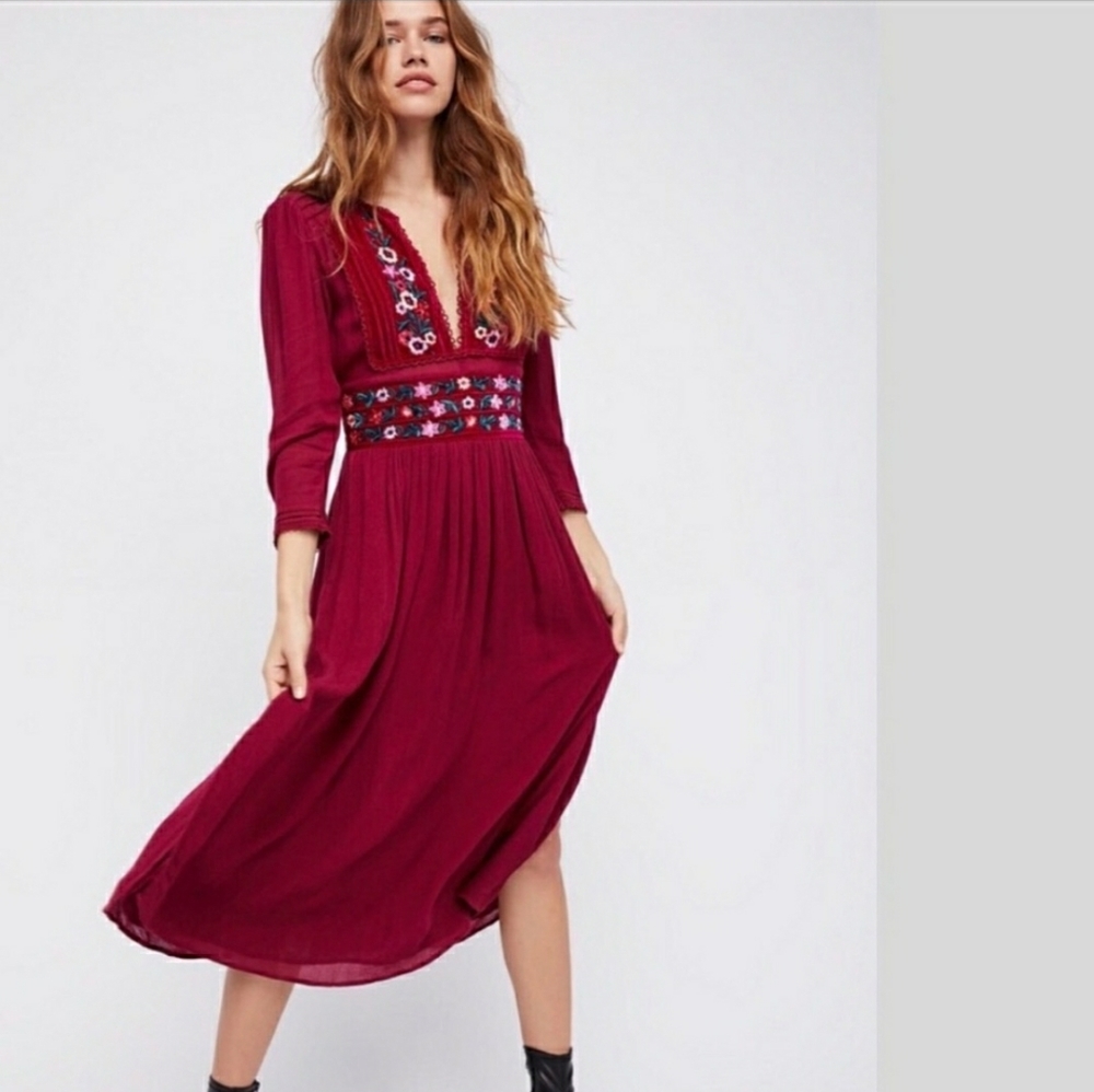 Free People Red Embroidered Midi Dress